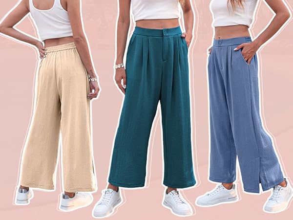 Poplab Summer Casual High Waisted Pants for Women Wide Leg Loose Capris Pants with Pockets