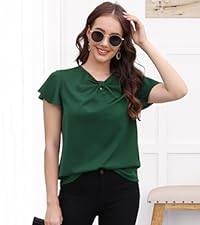 Poplab Short Sleeve Chiffon Blouse for women, Bow neck top