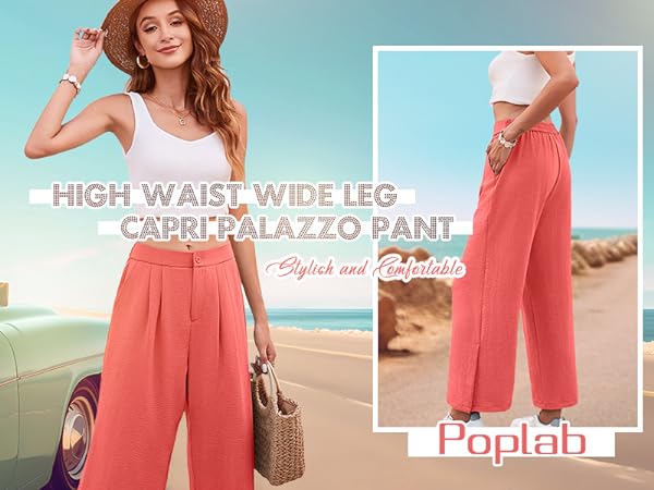 Poplab Wide Leg Pants for Women Elastic High Waist Button Up Capri Palazzo Trousers with Pockets