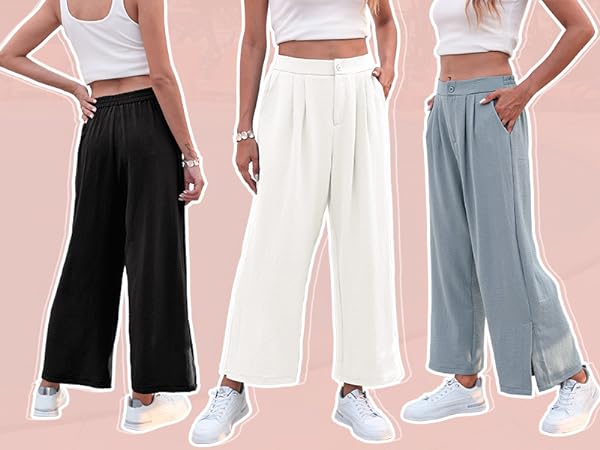 Poplab Womens Capri Pants High Waist Wide Leg Trousers Button Up Cropped Pants with Pockets