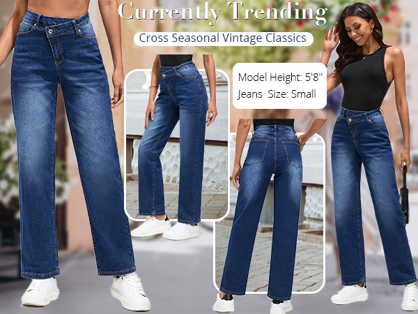 Crossover Jeans for Women Trendy High Waisted Slough Straight Leg Baggy Jeans Stretchy Denim Pants