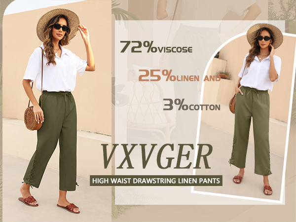 VXVGER Linen Pants for Women High Waist Drawstring Cropped Pant Capri Pants