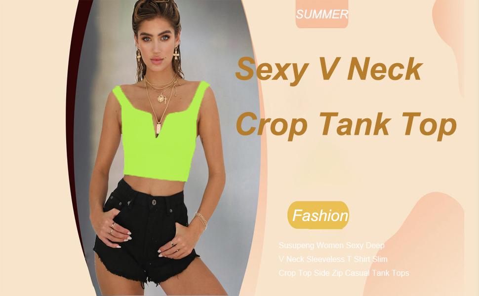 Susupeng Women Sexy Deep V Neck Sleeveless T Shirt Slim Crop Top Side Zip Casual Tank Tops