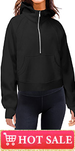 Half Zip Hoodie Long Sleeve Cropped Sweatshirt Fleece Lined Collar Pullover