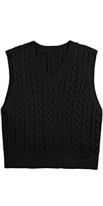 Womens Loose V Neck Cable Knit Preppy Style Sweater Vest