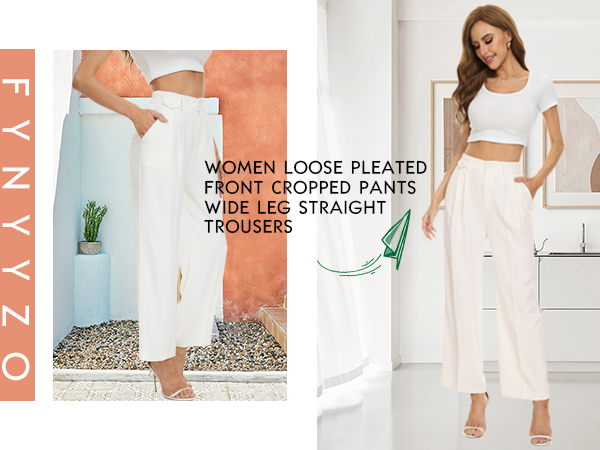 Women Loose Pleated Front Cropped Pants Wide Leg Straight Trousers