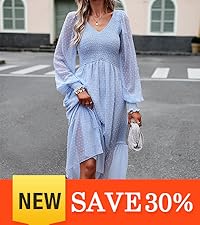 Fall Dresses 2023 Long Sleeve V Neck Swiss Dot Empire Waist Chiffon Dress Ruffle Smocked Midi Dress