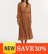 V Neck Dresses for Wedding Guest Casual Pleated Long Sleeve Midi Dress Ruffle Smocked Long Dress