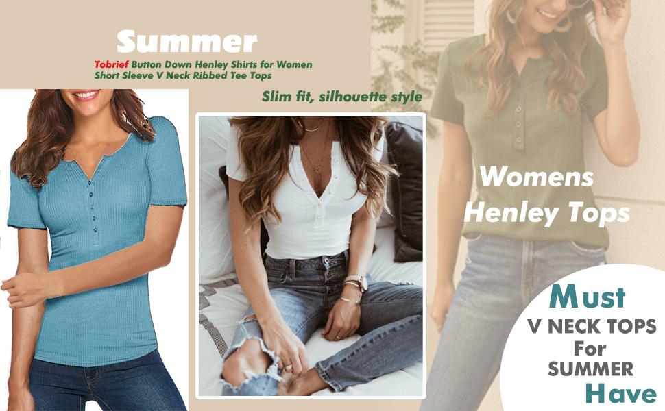 Summer Short sleeve v neck tops henley shirts for women slim fit womens ribbed tops