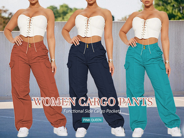 Pink Queen Women High Waisted Cargo Pants