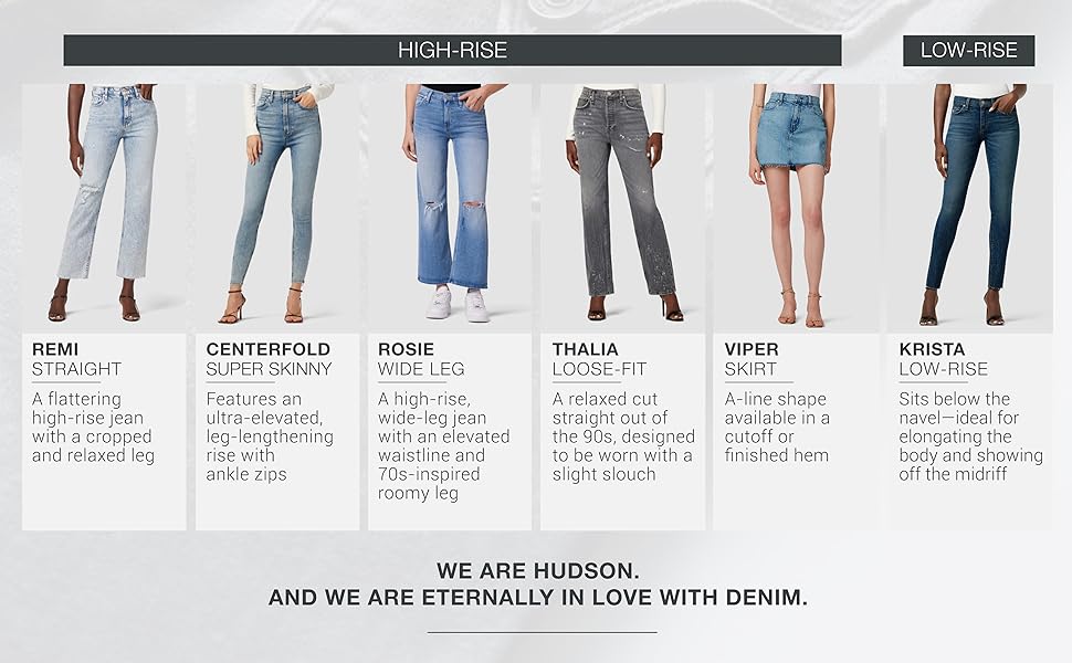 Pictures of multiple women’s long jeans, crop jeans, and a skirt.