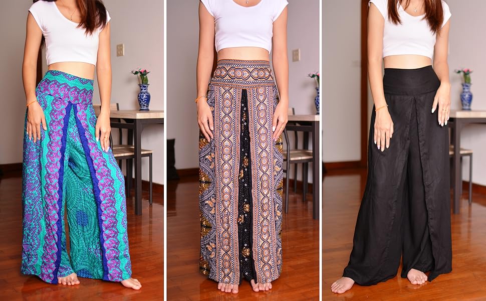 Slit Leg Black Turquoise Blue Flowers split leg casual pants dinner dress comfy lounge pants yoga