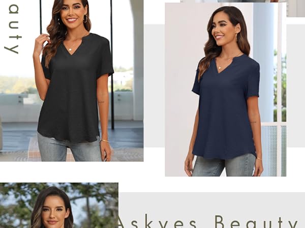 Askyes Women''s 2024 Summer Chiffon Blouses Short Sleeve TShirts Casual Dressy Tops For Leggings 