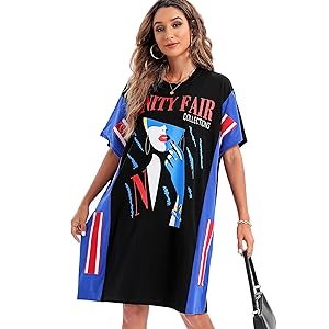 ellazhu Women&#39;s Fashion Round Neck Black T-Shirt Beach Dresses