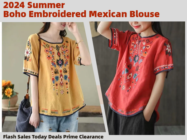 Cotton Linen Tops for Women 2024 Summer Boho Embroidered Mexican Blouse Plus Size Crewneck Tee