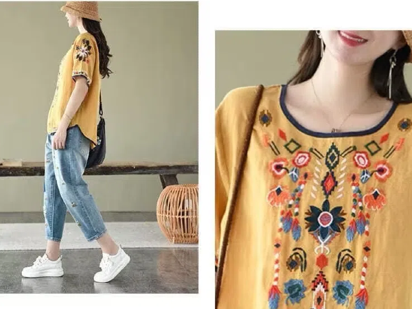 Cotton Linen Tops for Women 2024 Summer Boho Embroidered Mexican Blouse Plus Size Tee Shirts Tunics