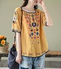 Cotton Linen Tops for Women 2024 Summer Boho Embroidered Mexican Blouse Plus Size Tee Shirts Tunics