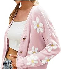 Cute Daisy Flower Cardigan Sweaters Women Teen Girls Long Sleeve Open Front Y2K Tops Outerwear