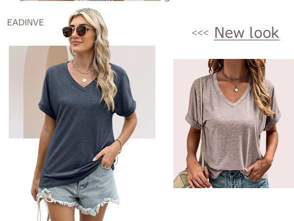 Womens Tshirts V Neck Short Sleeve Roll Sleeve Tops Summer