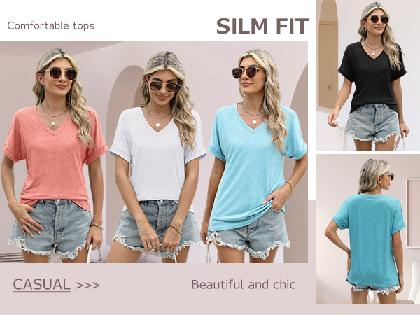 Womens Tshirts V Neck Short Sleeve Roll Sleeve Tops Summer