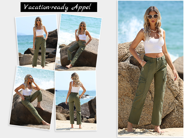 Womens Cargo Pants Casual High Waisted Baggy Stretch Straight Leg Trousers PAGGAADGI