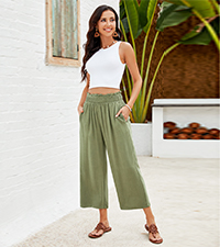 smocked waist linen cropped wide leg pants slacks