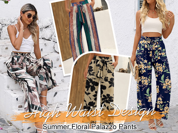 Angerella Floral Wide Leg Pants for Women Summer Beach Vacation Holiday