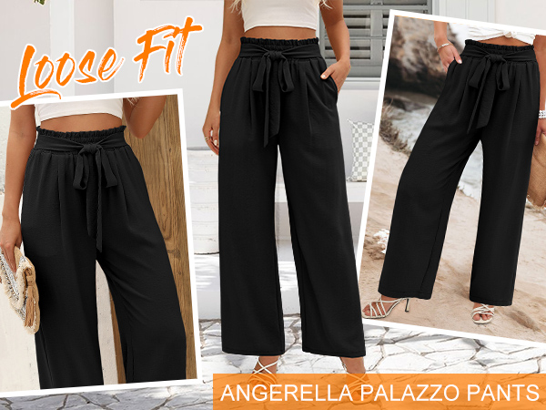 Black Pants for Women Casual Loose High Waist Adjustable Knot Wide Leg Capri Palazzo Pants Trousers