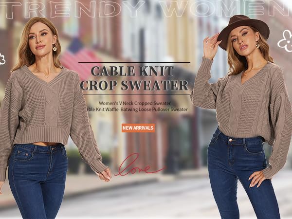 Womens V Neck Waffle Knit Cropped Top Long Sleeve Pullover Crop Sweater