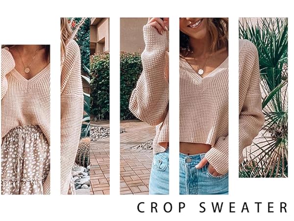 v neck crop sweater for women casual loose baggy