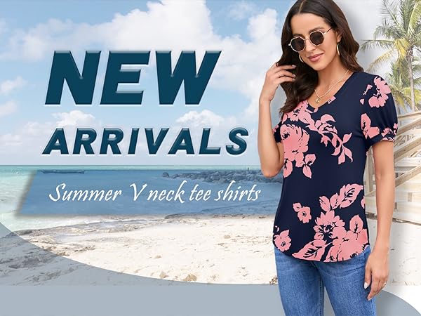  YSYOKOW Womens Casual Summer Tops V Neck Puff Short Sleeve T Shirts Loose Fit Fashion Tunic