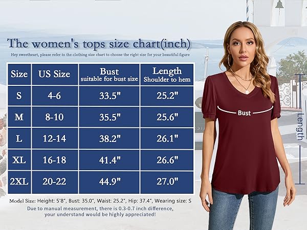  YSYOKOW Womens Casual Summer Tops V Neck Puff Short Sleeve T Shirts Loose Fit Fashion Tunic