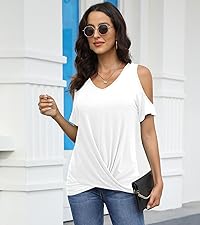 YSYOKOW Womens Summer V Neck T Shirts Cold Shoulder Casual Tops Loose Front Twist Knot Tunic