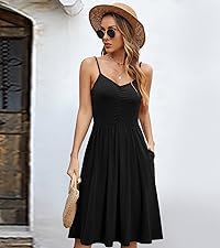 Womens Casual Dresses Sleeveless Adjustable Spaghetti Strap A Line Dress Elastic Waist with Pockets