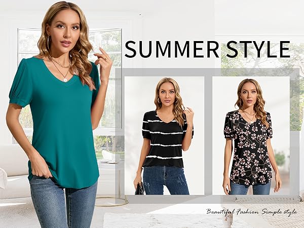  YSYOKOW Womens Casual Summer Tops V Neck Puff Short Sleeve T Shirts Loose Fit Fashion Tunic