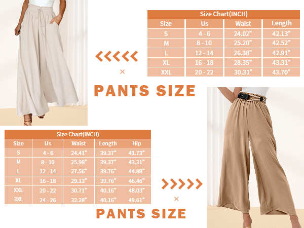 women palazzo pants, full-length, flowy, loose style.