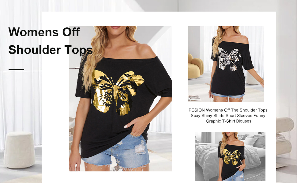 Gold &amp;amp; sliver metallic shiny butterfly graphic shirts