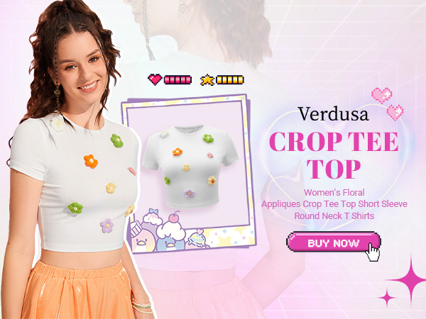 Verdusa Women''s Floral Appliques Crop Tee Top Short Sleeve Round Neck T Shirts 1