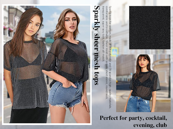 Glitter See Through Tops Women Sheer Mesh Shirts Summer Sexy Sparky Tee Top Blouse