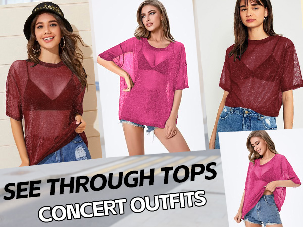 sequin tops for women concert eras tour outfits mesh top sparkly tops silver shirt 