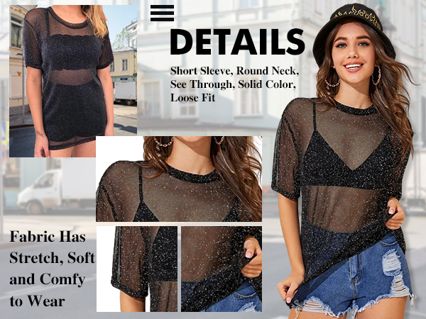 Glitter See Through Tops Women Sheer Mesh Shirts Summer Sexy Sparky Tee Top Blouse