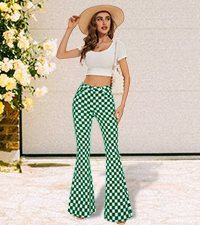 Green and white plaid flared jeans