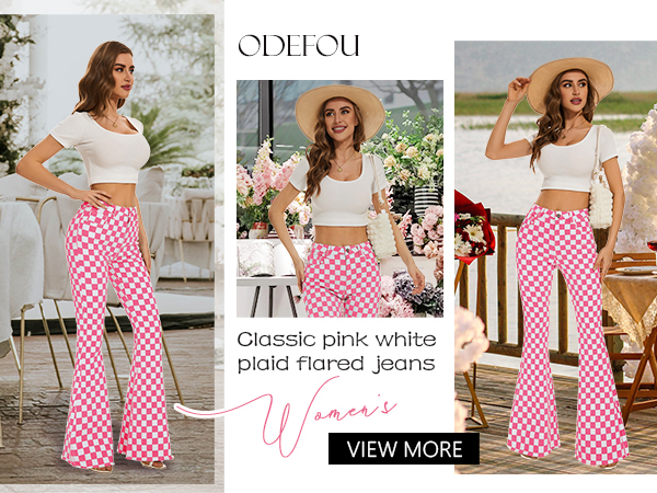 Pink White Plaid Flared Jeans