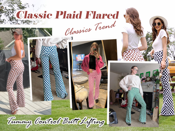 Green White Plaid Flared Pants