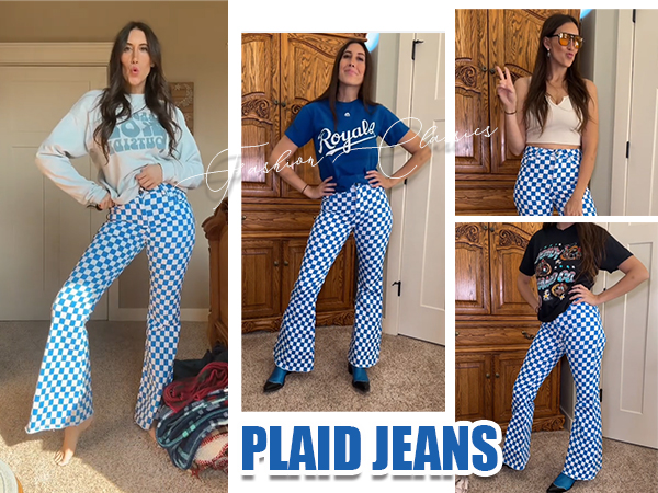 Blue Plaid Flared Jeans