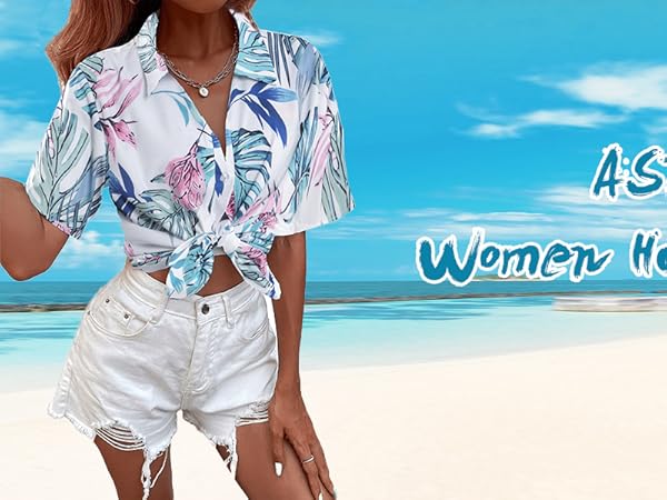 Women Hawaiian Shirts Hawaii Shirts Soft Cool Floral Tropic Print V Neck Summer Tops