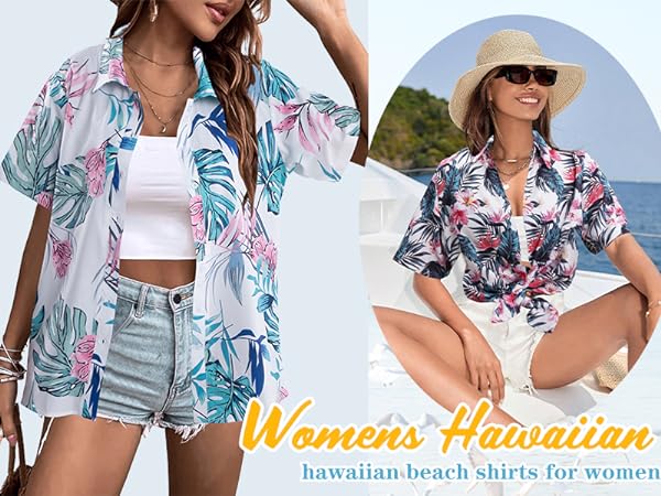 Women Hawaiian Shirts Hawaii Shirts Soft Cool Floral Tropic Print V Neck Summer Tops