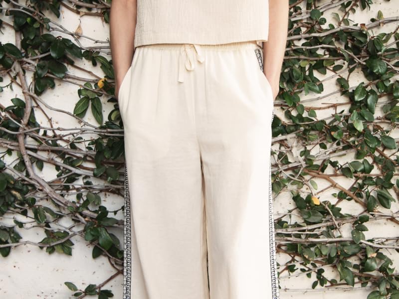 Patterned linen pants being worn by a model