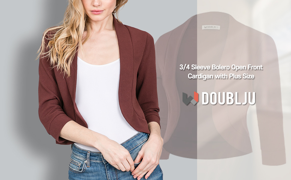 DOUBLJU Womens 3/4 Sleeve Bolero Open Front Cardigan with Plus Size