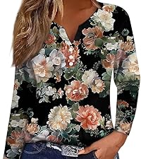 Women''s Casual Tunic T Shirts Popular Summer Buttons V Neck Printing long Sleeve Relaxed  Blouse